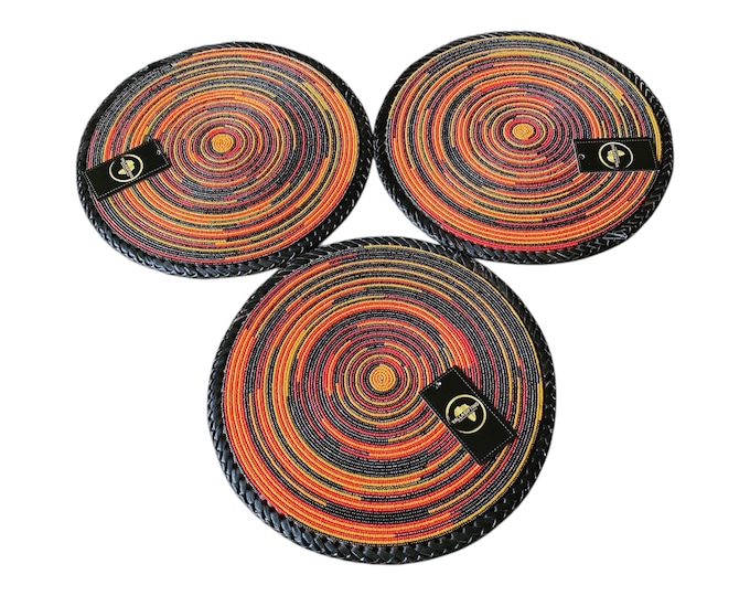 Handcrafted African Beaded Placemats Set, Sunset Orange Yellow Concentric Beadwork Table Mats, Boho Dining Home Decor Gift