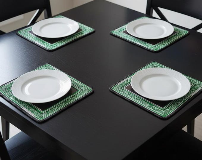 Authentic Hand-Beaded African Leather Placemat - Green & White