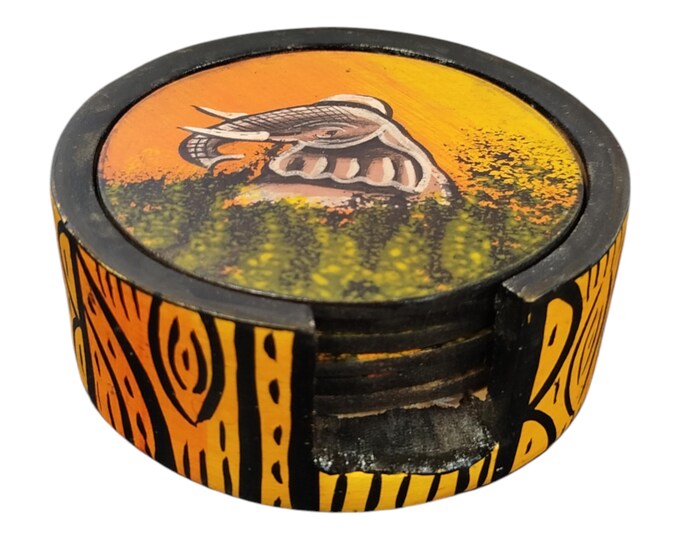 On sale!! Hand-Painted Wooden Coaster Set with Elephant Motif - African Art Decor|Traditional Decor| Home Decor