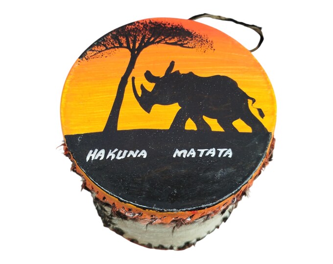 A Rhinoceros Cowhide Kenyan Mini Drum Sunset Hakuna Matata Decor Gift Collectible Handmade Decor