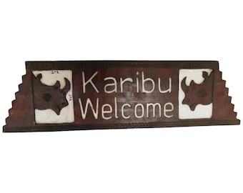 On sale!! Hand-Carved Wooden "Karibu Welcome" Sign with Animal Head Motifs - African Home Decor|Traditional Decor| Home Decor