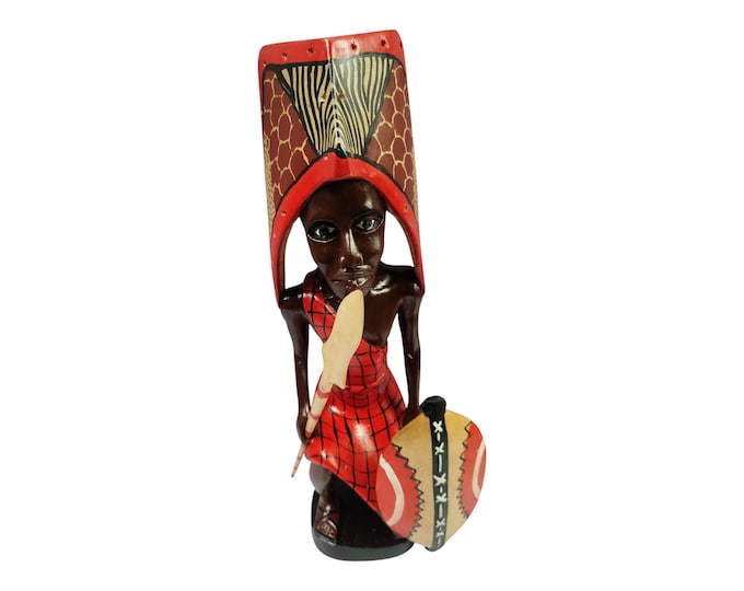 A Hand-Carved Wooden Maasai Warrior Figurine with Shuka, Spear, and Shield - Cultural Art Decor- African Art | home decor