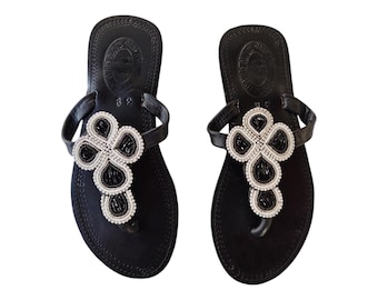 Elegant Black White Beaded Sandals Women Summer Beach Handmade African Wedding Bday Gift Silver Flower Clover Leather Finest Beads Art