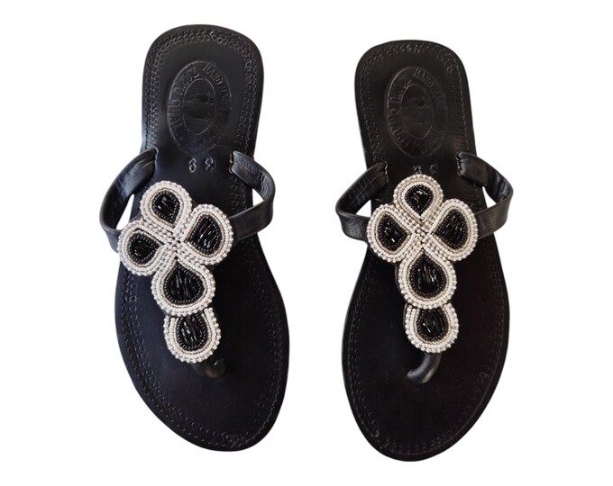 Elegant Black White Beaded Sandals Women Summer Beach Handmade African Wedding Bday Gift Silver Flower Clover Leather Finest Beads Art