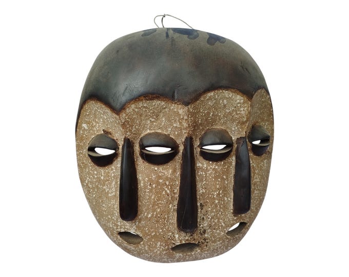 On Sale Intriguing Lega Triple Face Mask - Hand-Carved Wood (Brown) Wall Decor or Ritual Artifact  Cultural Wall Hanging Ceremonial