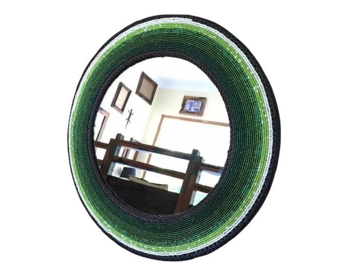 Handcrafted African Beaded Round Wall Mirror, Green White Concentric Seed Bead Frame, Boho Botanical Home Decor Accent Gift