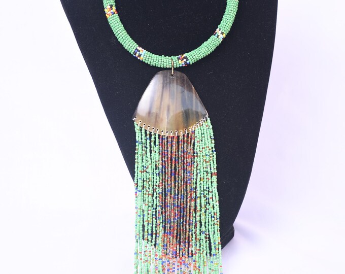 On SALE African Vibrant Green Beaded Tassel Necklace with Natural Pendant - Artisan Crafted | Stylish | Gift for Her | Masai Mara