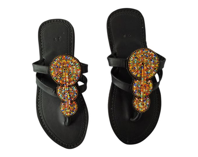 Stunning Triple Circle Beaded Sandals Women Summer Beach Handmade African Wedding Bday Gift Colorful Leather Finest Beads Unique Art Wow