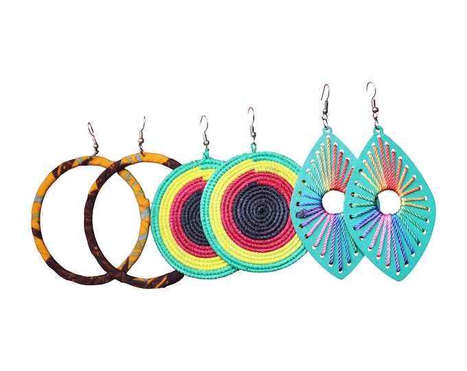 Wholesale African Earrings Set: Boho Fabric Hoops, Rope Studs & Woven Thread Teardrops