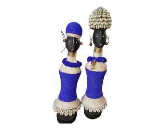 Blue & White African Namich Dolls with Cowrie Shells: Cultural Decor (Set of 2)