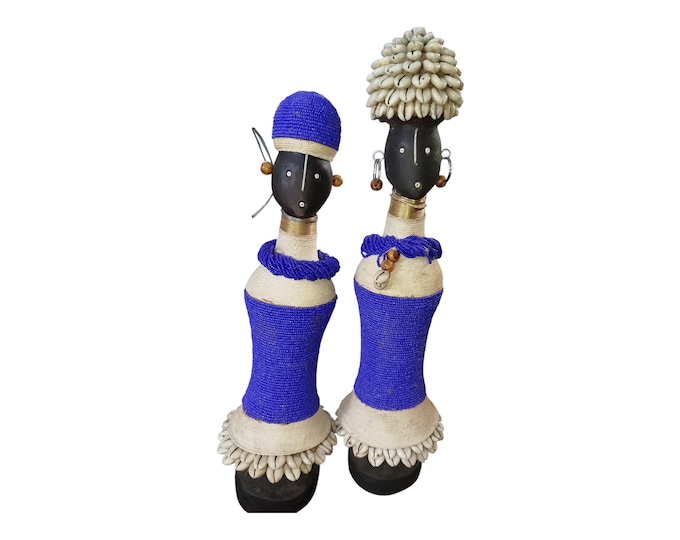 On Sale Make Vibrant Blue & White African Namich Dolls with Cowrie Shells (Set of 2) Celebrating Childhood Symbolic Cultural Console decor