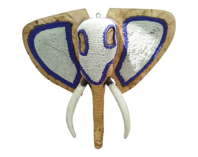 On Sale!! Beaded Elephant Mask Wall Decor -  Boho Animal Theme Wisdom Cultural Significance African Wall Hanging Ceremonial blue white
