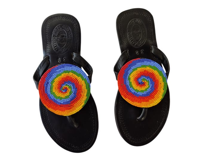 Rainbow Swirl Sandals Women Summer Beach Handmade African Wedding Birthday Gift Colorful Leather Beads Unique Circle Flip Flops Art Chic