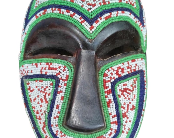 ON SALE!!Vibrant Beaded African Tribal Mask with Heart-Shaped Mouth and Horns wall Decor Display Wall Hanging Ceremonial
