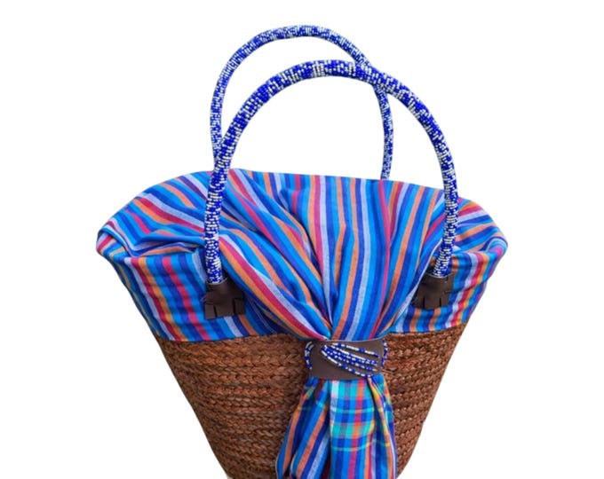 Handcrafted African Sisal Tote Bag, Woven Straw Beach Basket with Blue Striped Cloth Top & Beaded Handles, Summer Tote Gift