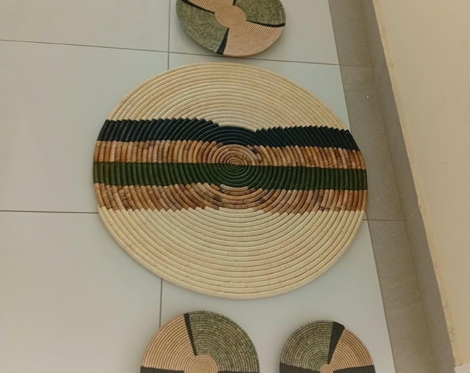 Handwoven African Wall Baskets Set of 4, Natural & Olive Green Sisal Wall Basket Decor, Boho Woven Plate Set, Housewarming Gift