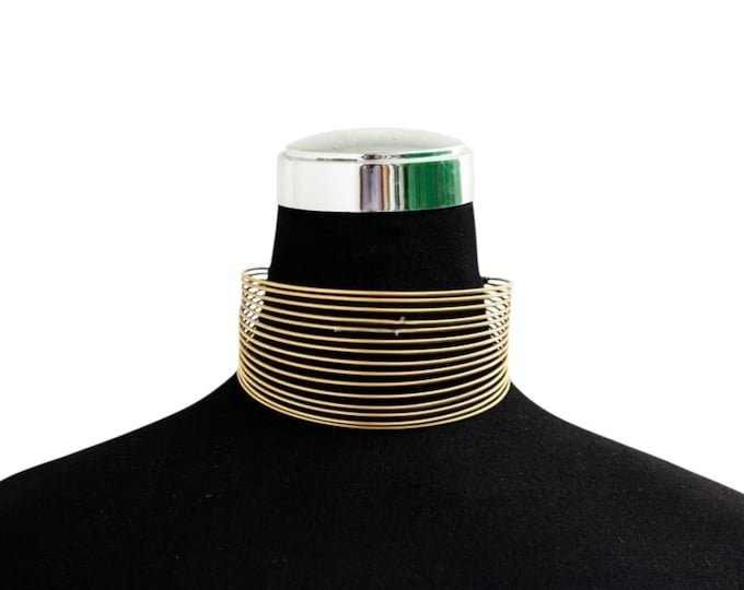 African Brass Curved Plate Statement Necklace, Gold Metal Armor Bib Choker