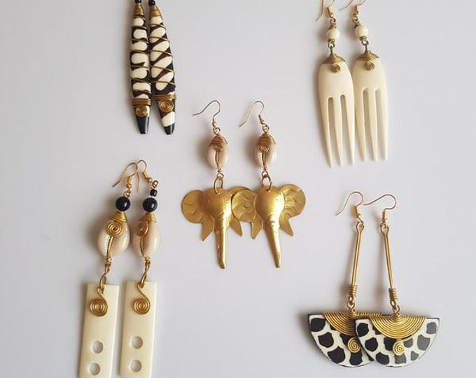 Wholesale African Earrings Set Of 5 Statement Bone Brass Cowrie Shell Elephant Afro Pick Designs Handmade Look Wedding Birthday Gift Lot