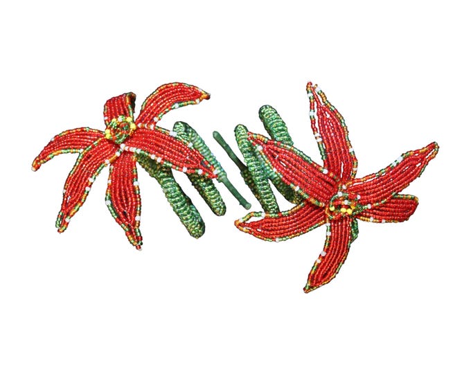 Set of 6 Handmade Beaded Red Poinsettia Napkin Rings Set, African Wire Seed Bead Flower Holders, Boho Holiday Table Decor Gift