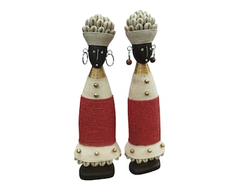 On Sale Make Vibrant Red & White African Namich Dolls with Cowrie Shells (Set of 2) Celebrating Childhood Symbolic Cultural Console decor