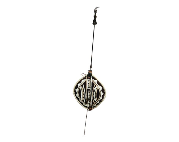 A Handmade African Painted Masai Shield & Spear Tribal Art Wall Decor Kenya Black White Tan Geometric Display