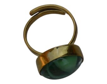 Handcrafted Adjustable Brass Ring: Green Stone Cabochon