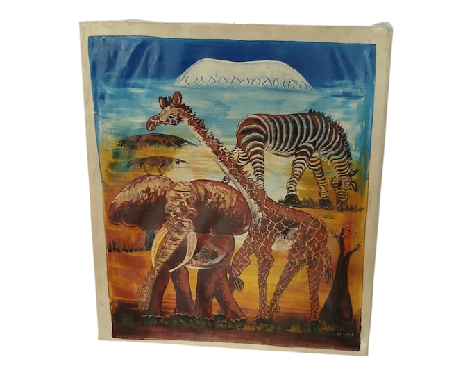 Hand-Painted African Wall Art: Majestic Elephant, Giraffe, and Zebra with Mount Kilimanjaro – Safari Elegance for Your Home- Unique decor