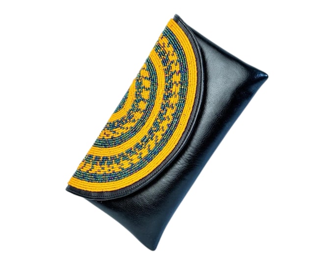 Handcrafted African Beaded Leather Envelope Clutch, Black Leather Evening Purse with Yellow Bead Flap, Boho Gift for Her