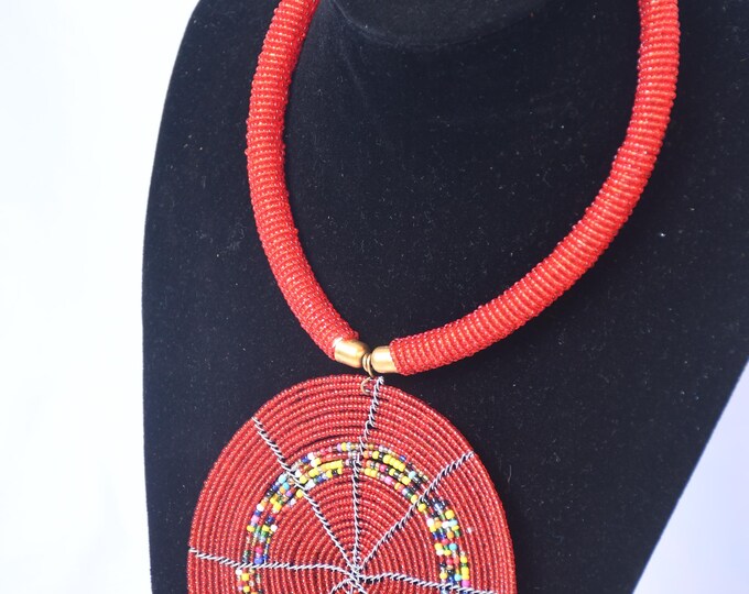On SALE African Striking Red Beaded Necklace with Multi-Colored Disc Pendant - Handcrafted African Art| Stylish | Gift for Her | Masai Mara
