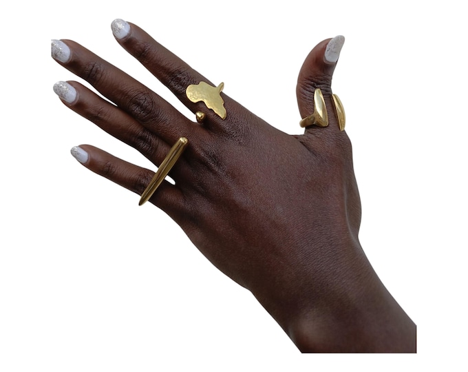 On sale A Set of 3 African Inspired Brass Ring Set - Continent, Arrow & Geometric Designs
