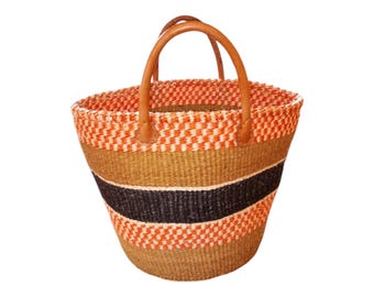 African Sisal Kiondo HandbagRed Beige Brown Beach Bag Handwoven Gift African Decor Shopping Bag Laundry Basket Fiber Art