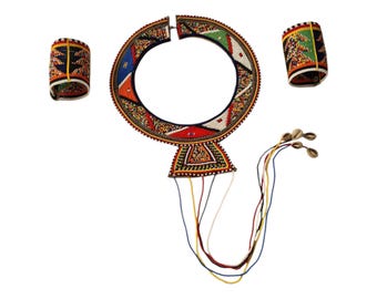 Maasai Wedding Necklace Bangle Set Handmade African Bridal Jewelry Colorful Statement Collar Cuffs Cowrie Shells Finest Beads Unique Gift