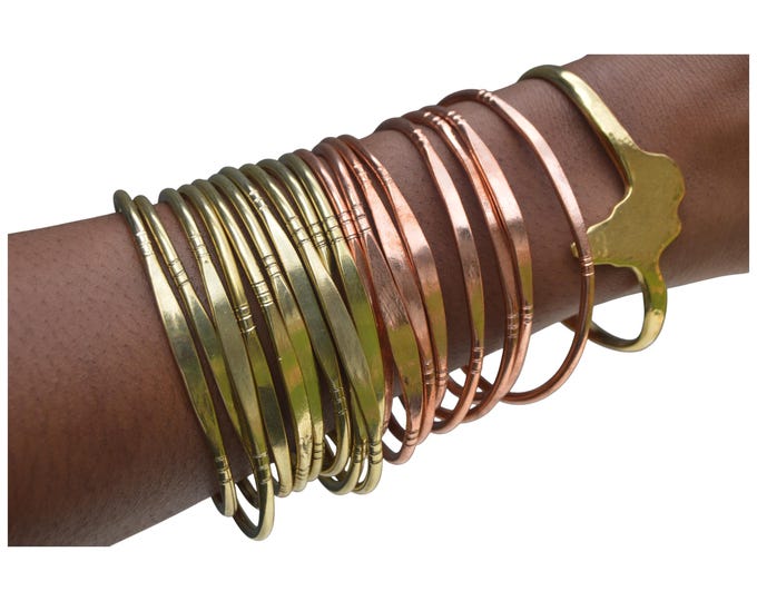 On sale A Group of 20  Mixed Metal Bangle Set with Brass Cuff - Golden & Copper Tones, African Inspired