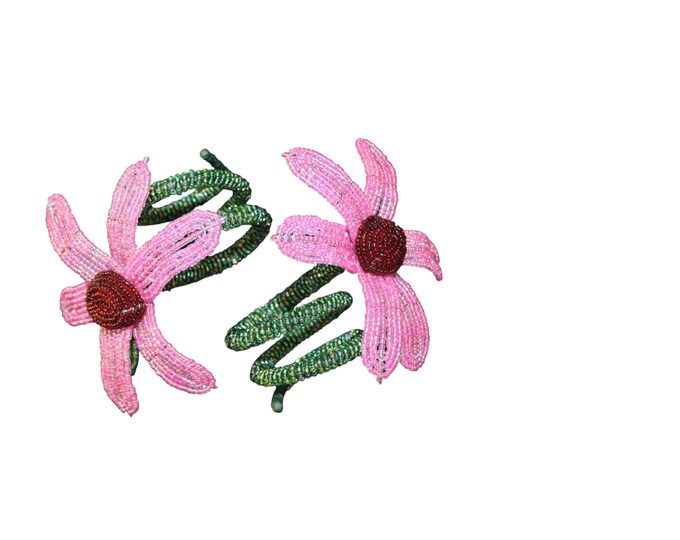 Set of 6 Handmade Beaded Pink Napkin Rings, African Wire Seed Bead Daisy Holders, Boho Floral Table Decor Accent Gift