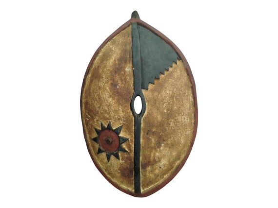 East African Wooden Shield: Hand-carved Tribal Art, Star & Zigzag
