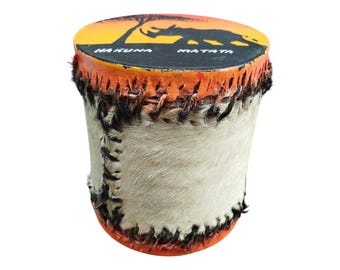 A Rhinoceros Cowhide Kenyan Mini Drum Sunset Hakuna Matata Decor Gift Collectible Handmade Decor