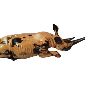 A Hand-Carved Wooden Laying Rhino Sculpture - Unique African Wildlife Art Decor | home decor | African art