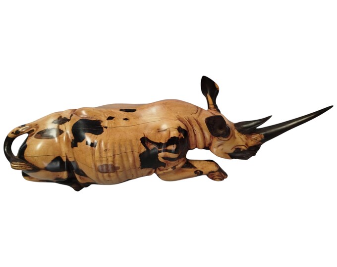 A Hand-Carved Wooden Laying Rhino Sculpture - Unique African Wildlife Art Decor | home decor | African art