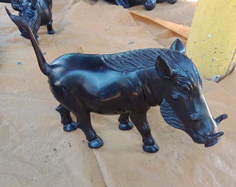 African Warthog Sculpture | Hand-Carved Dark Wood Art | Safari Animal Statue | Rustic Home Decor