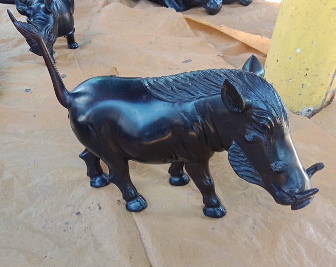 African Warthog Sculpture | Hand-Carved Dark Wood Art | Safari Animal Statue | Rustic Home Decor