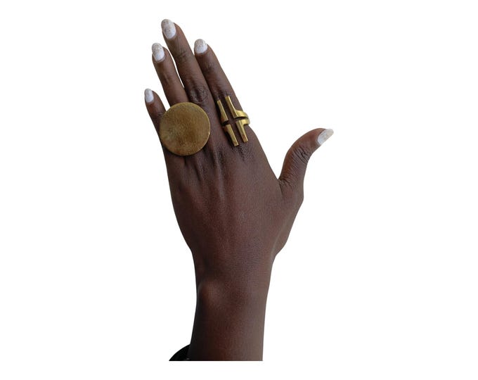 On sale A Set of 2 Adjustable Bold Geometric Brass Ring Set - Oversized Disc & Linear Bar Design Hand Jewelry
