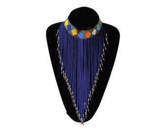 Zulu Blue Colorful Fringe Necklace African Beaded Jewelry Wedding Birthday Gift For Her Statement Art Handmade Unique Finest Seed Beads Wow