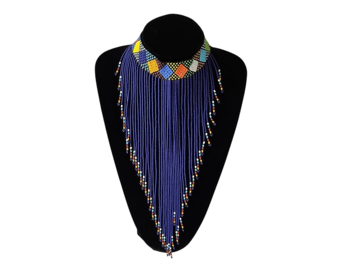 Zulu Blue Colorful Fringe Necklace African Beaded Jewelry Wedding Birthday Gift For Her Statement Art Handmade Unique Finest Seed Beads Wow