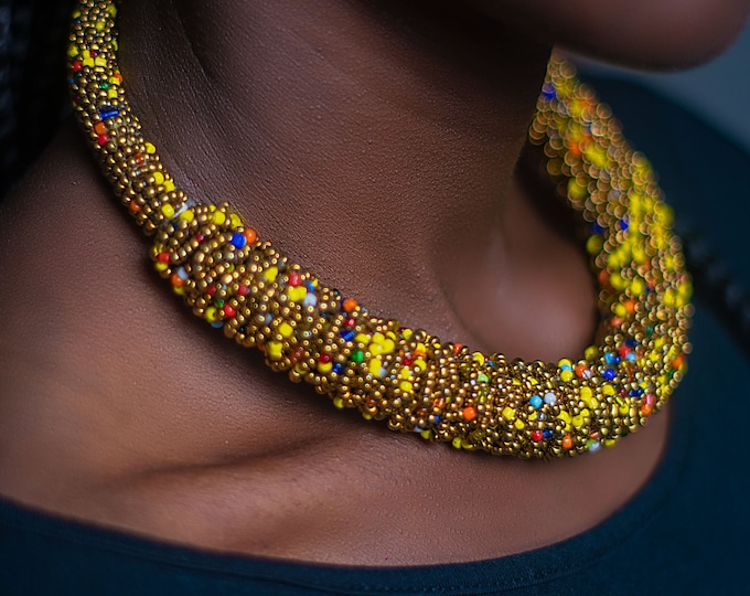 Beaded Yellow Gold African Necklace | Maasai Traditional | Gift for Her