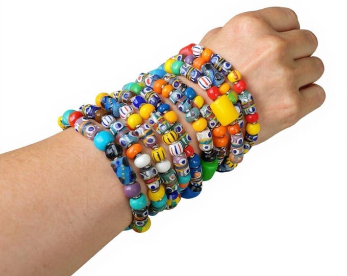 Colorful Krobo Beads Bracelet Set Authentic African Summer Jewelry Handmade Stacking Bangles Unique Wedding Birthday Gift For Her Vibrant