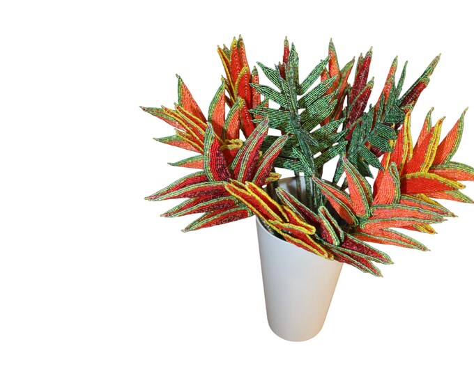 Handcrafted African Beaded Heliconia Bouquet, Exotic Red, Orange, and Yellow Tropical Forever Flowers