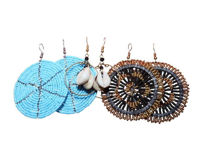 Boho Earring Set | Cowrie Shell Dangles, Beaded Hoops