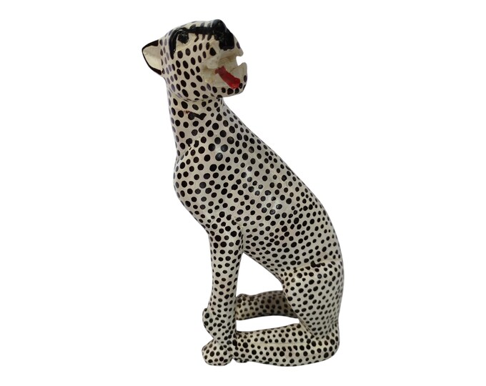 Hand-Painted Wooden Leopard Figurine with Black and White Spots - African Art Decor-Table top console top Art
