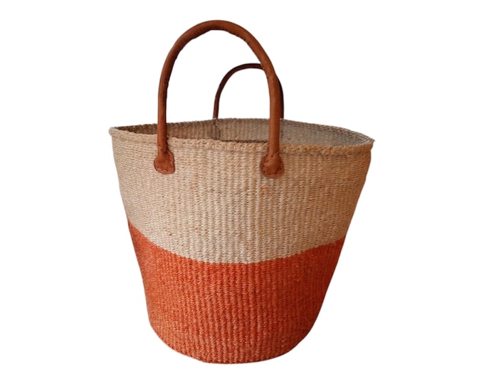 African Sisal Kiondo Handbag Orange Beige Beach Bag Handmade Gift African Decor Shopping Bag Laundry Basket Fiber Art