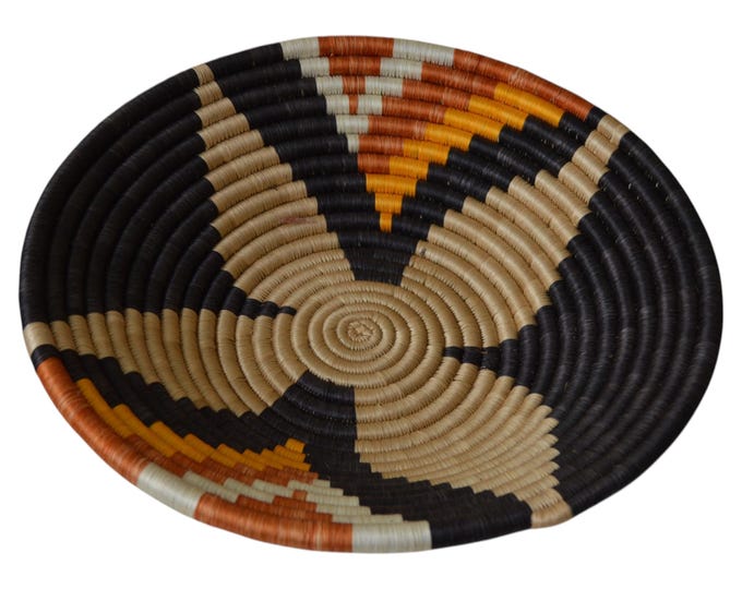Handwoven Rwandan Basket Wall Decor, Black & Terracotta Sisal Bowl, Modern African Wall Hanging Plate, Decorative Storage Tray
